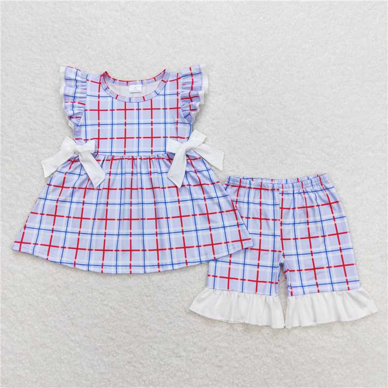 GSSO0707 Blue plaid white bow shorts set