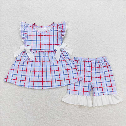 GSSO0707 Blue plaid white bow shorts set