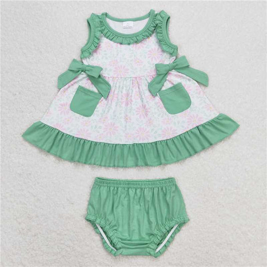 GBO0292  Baby Girls Green Pink Flowers Sleeveless Top Summer Bummies Clothes Sets