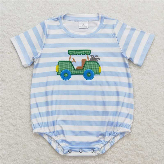 SR0795 Baby Infant Boys Blue Stripes Golf Truck Rompers