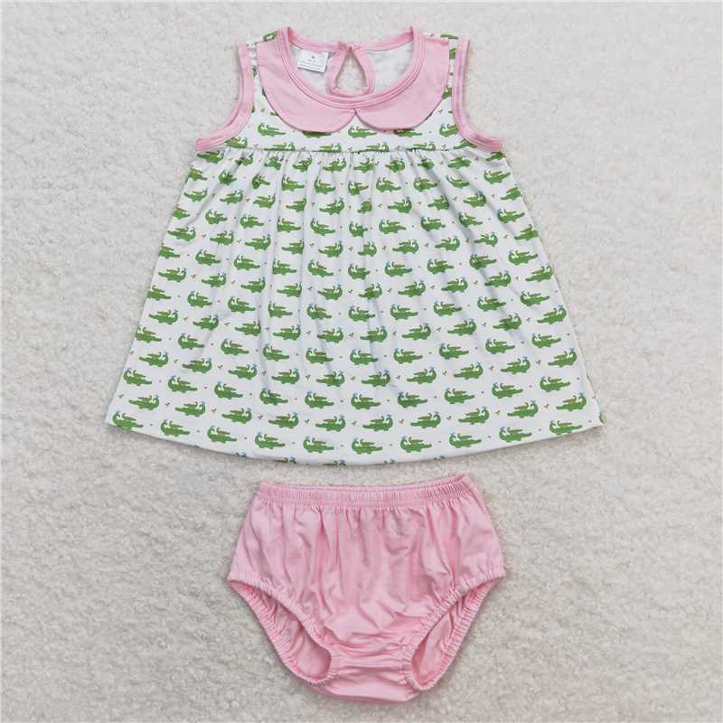 GBO0277  Baby Girls Crocodile Sleeveless Top Pink Bummies Clothes Sets