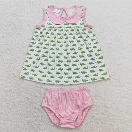 GBO0277  Baby Girls Crocodile Sleeveless Top Pink Bummies Clothes Sets