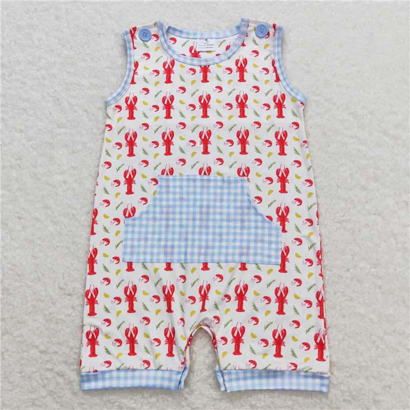 SR1137Sleeveless plaid pocket crawfish baby boys romper