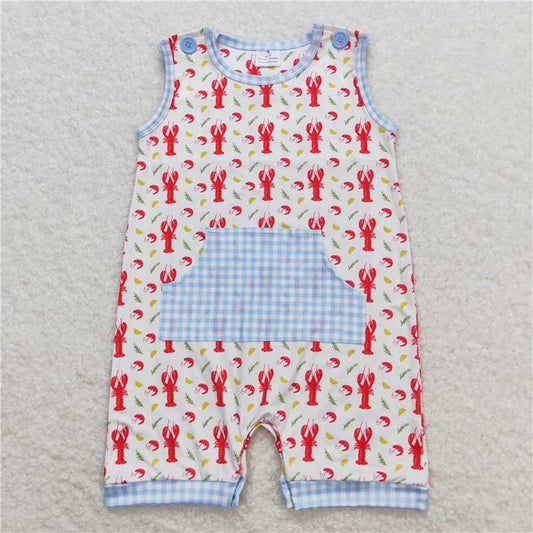 SR1137Sleeveless plaid pocket crawfish baby boys romper