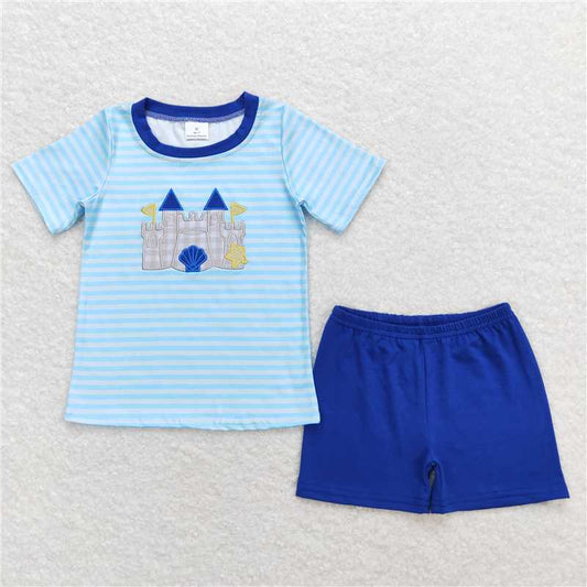 BSSO0747  RTS NO MOQ  Baby Boys Summer Boys Outfits Baby Boys Blue Stripes Castle Tee Shirts Tops Shorts Clothes Sets
