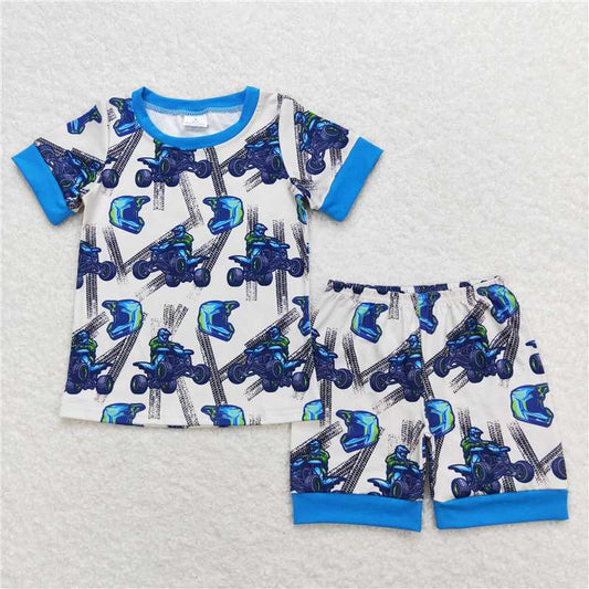 BSSO0775 Baby Boys Blue Motobike Shirt Top Shorts Pajamas Clothes Sets