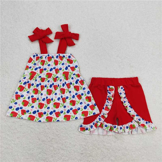 GSSO0712 Strawberry blueberry suspenders red shorts set