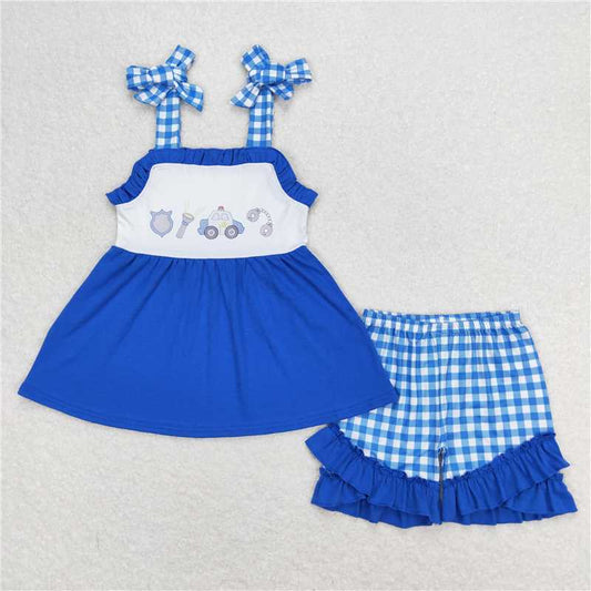 GSSO0717 Police car flashlight blue and white plaid lace suspender shorts suit