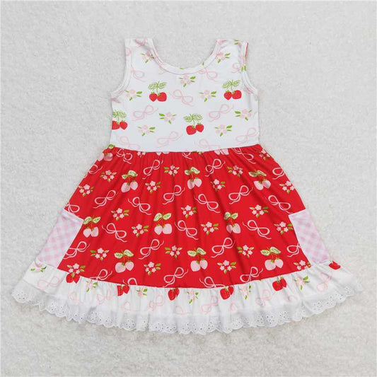 GSD0889 Red and white sleeveless dress with bow and strawberry lace