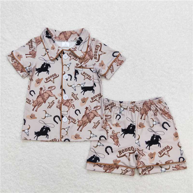 BSSO0761 Baby Boys Grey Rodeo Horse Shirt Buttons Top Shorts Pajamas Clothes Sets