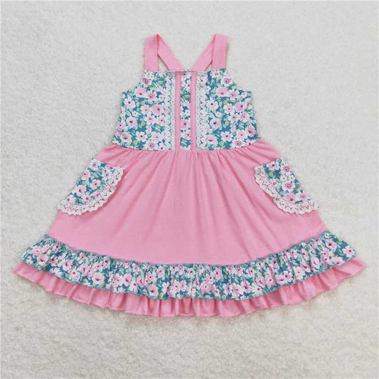 GSD0807  Baby Girls Pink Floral Pockets Knee Length Dresses