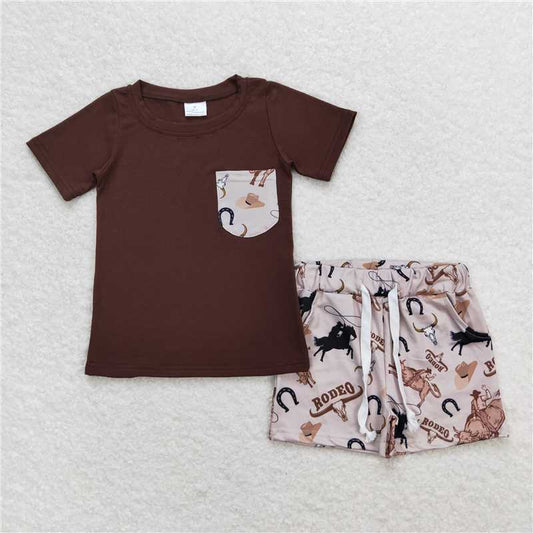 BSSO0757 Baby Boys Brown Shirt Top Cow Rodeo Western Shorts Clothes Sets