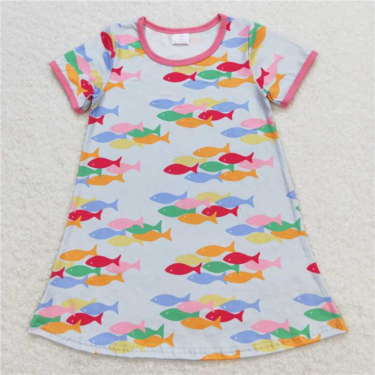 GSD0813 RTS NO MOQ Baby Girls Summer Dress Colorful fish pink and blue short-sleeved dress