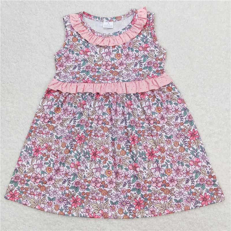 11.12 RTS NO MOQ （In stock）Matching GSD0935 Baby Girls Pink Flowers Bows Sleeveless Knee Length Dresses