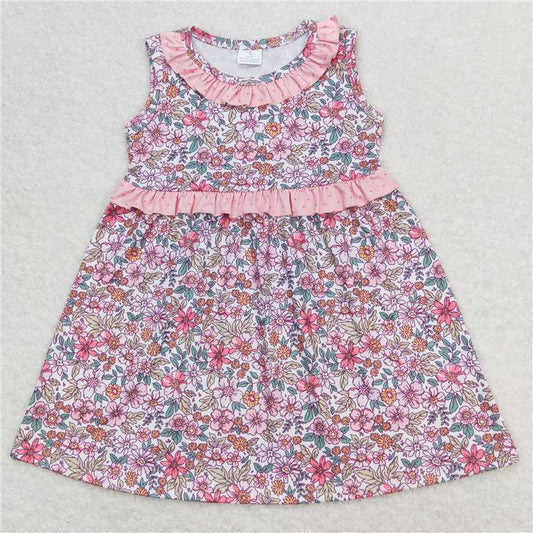 11.12 RTS NO MOQ （In stock）Matching GSD0935 Baby Girls Pink Flowers Bows Sleeveless Knee Length Dresses