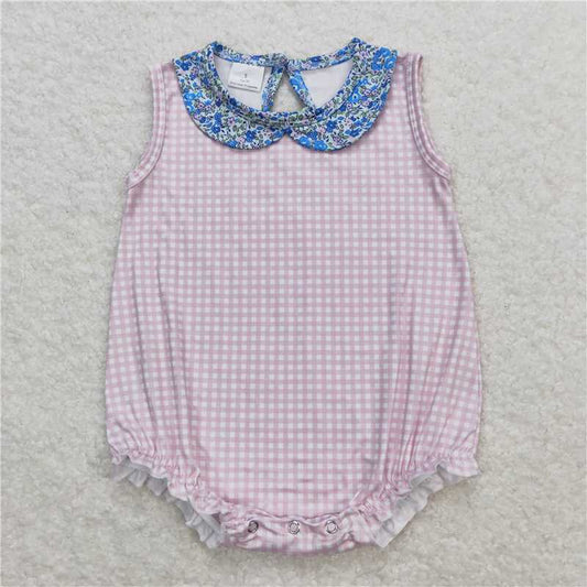 SR1087  Baby Girls Pink Checkered Collar Sibling Sister Rompers Clothes Sets