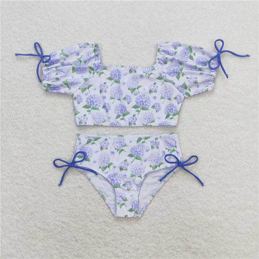 S0330  Baby Girls Summer Lavender Flowers Branches Top Ruffle Bummie Swimsuits