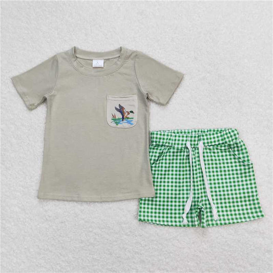 BSSO0734 RTS NO MOQ Baby Boys Summer Boys Outfits Baby Boys Ducks Green Shirt Checkered Shorts Clothes Sets