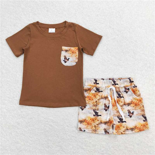 BSSO0776 Baby Boys Brown Pocket Shirt Top Ducks Shorts Clothes Sets