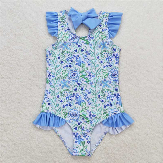 S0278  Baby Girls Summer Blue Flowers Ruffle One Piece Swimsuits