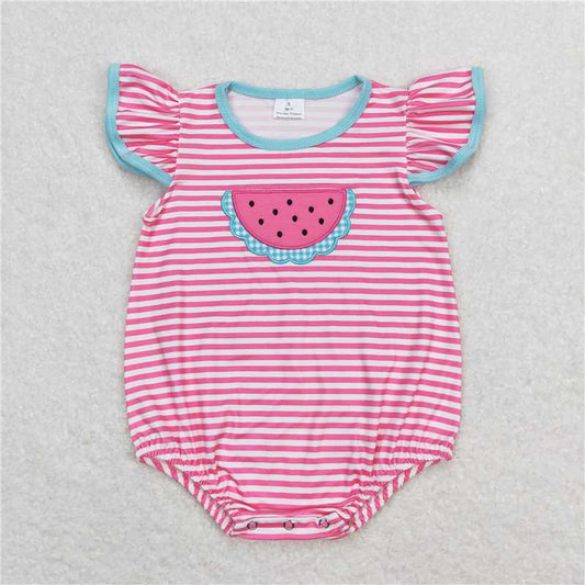 SR1268  Baby Girls Pink Stripes Watermelon Flutter Sleeve Rompers