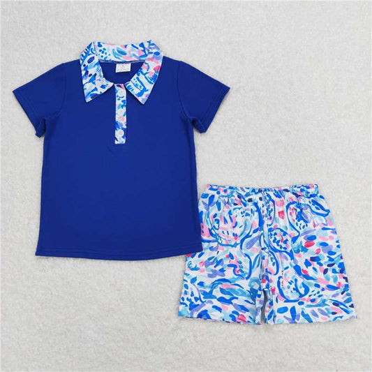 BSSO0673 Baby Boys Blue Floral Shirt Top Shorts Clothes Sets