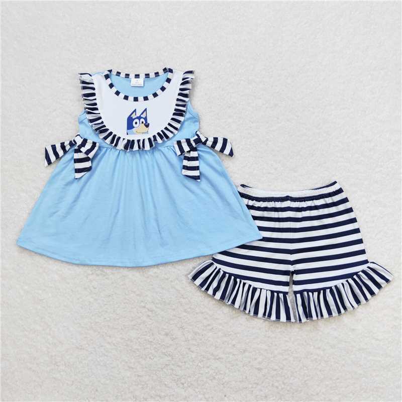 GSSO0751 bluey striped lace bow blue sleeveless shorts set