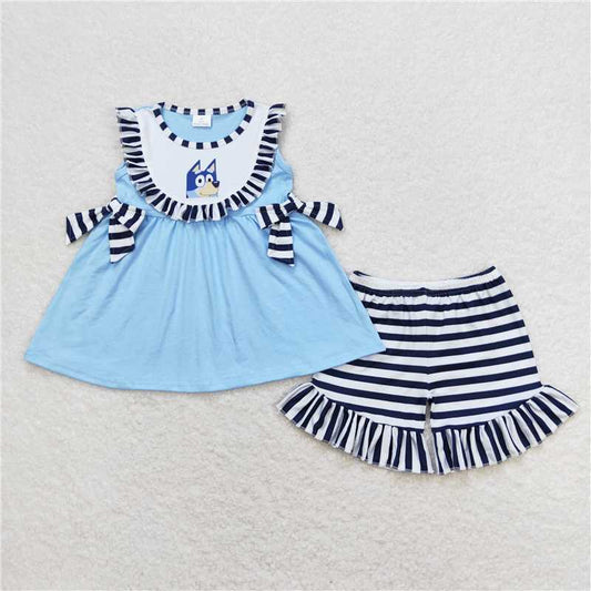 GSSO0751 bluey striped lace bow blue sleeveless shorts set