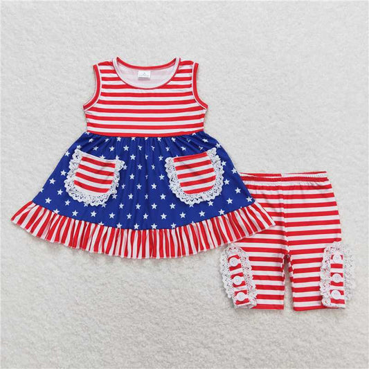 GSSO0855 Star red and white stripes pocket lace blue sleeveless shorts set