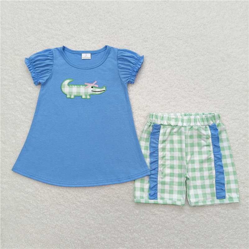 GSSO0850RTS NO MOQ Baby Girls Summer Outfits  Embroidered bow crocodile blue short-sleeved green plaid shorts suit