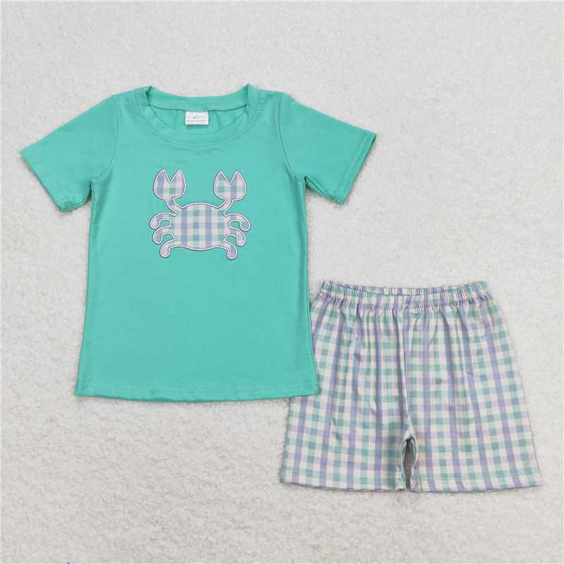 BSSO0638 Baby Boys Crab Green Shirt Checkered Shorts Clothes Sets