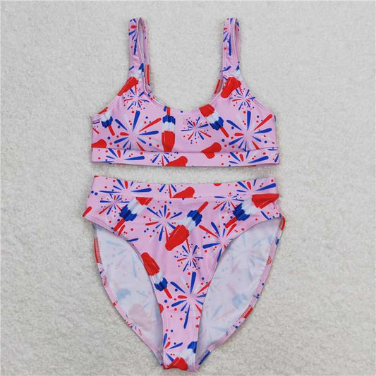 S0334  Adult Women Pink Popsicle 4th Of July Top Bottom Swimsuits Sets