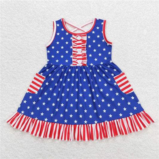 GSD0976  Sleeveless stripe stars pockets girls 4th of july dresses
