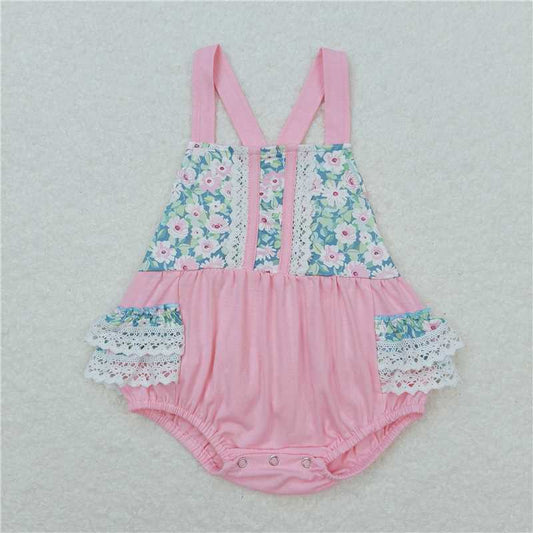 SR0986  Baby Infant Girls Floral Pink Straps Summer Rompers