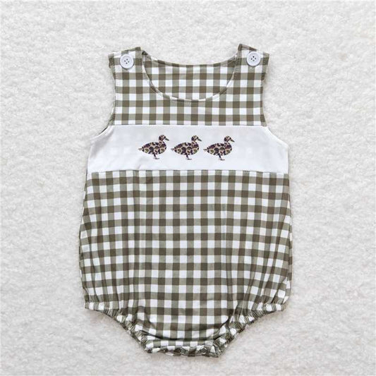 SR1169Sleeveless olive plaid duck baby boys summer romper