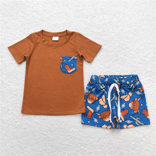 BSSO0542 Baby Boys Brown Short Sleeve Shirt Highland Cow Cactus Clothes Sets
