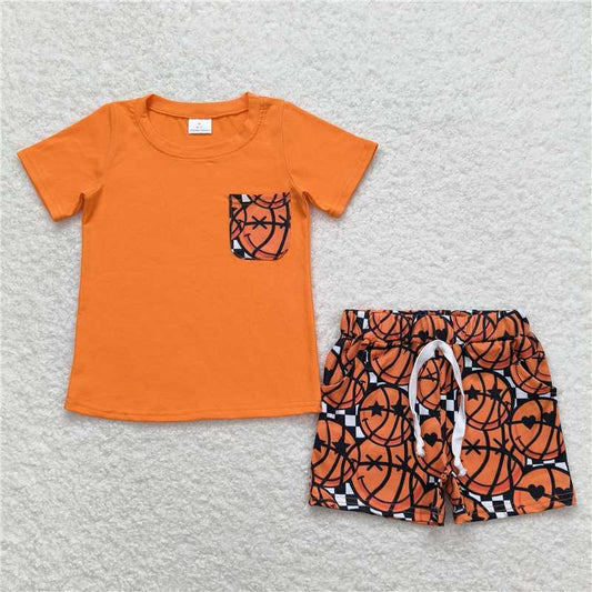 BSSO0789 Baby Boys Orange Pocket Shirt Top Basketball Shorts Clothes Sets