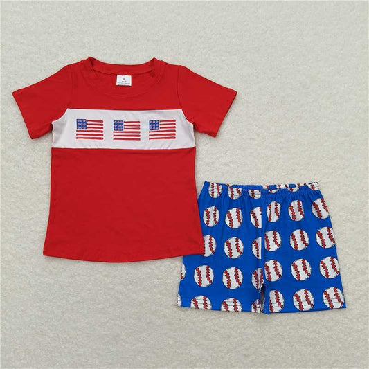 BSSO0674  Baby Boys Baseball Flags Shirt Top Shorts Clothes Sets