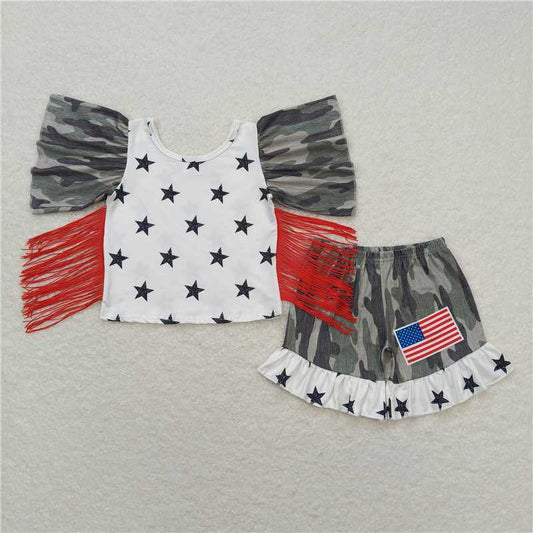 1.7 RTS NO MOQ （In stock）GSSO0918 4th of July Baby Girls 4th Of July Camo Stars Tops Ruffle Shorts Clothes Sets