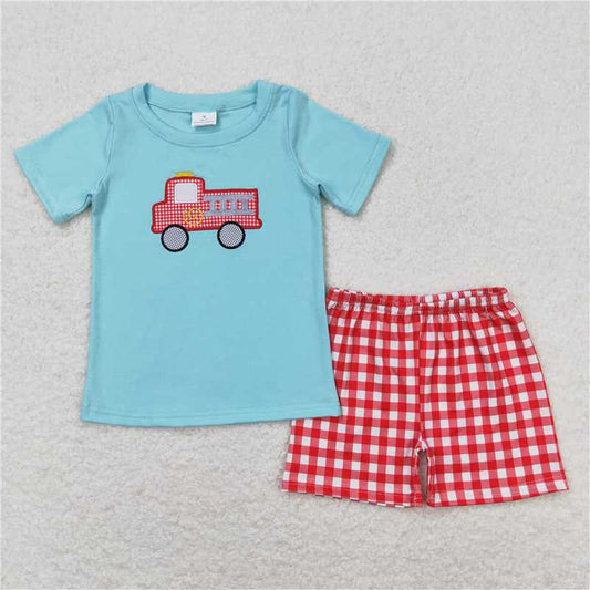 BSSO0549RTS NO MOQ Baby Boys Summer Boys Outfits  Baby Boys Fire Truck Shirt Top Checkered Shorts Clothes Sets