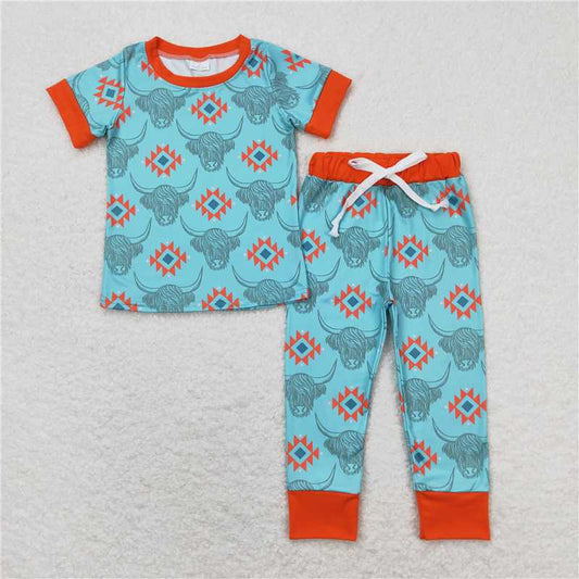 BSPO0328 Baby Toddler Boys Western Cow Blue Aztec Tee Shirts Tops Pants Pajamas Clothes Sets