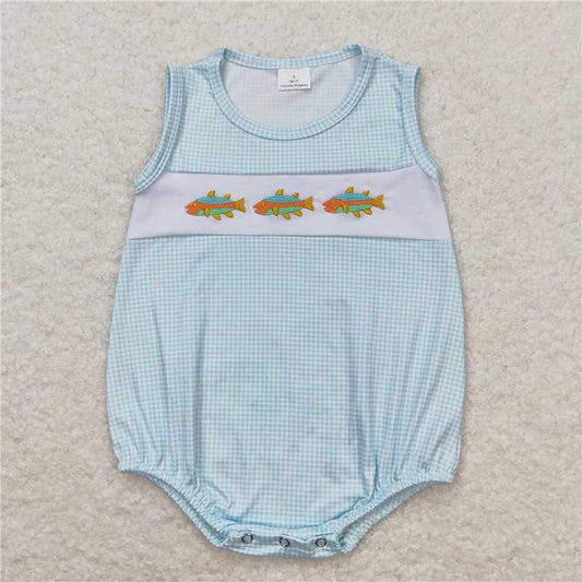 SR1265 Baby Blue Checkered Fishes Sleeveless Rompers