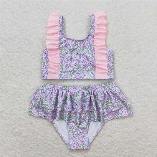 S0332  Baby Girls Summer Lavender Flowers Sibling Sister Swimsuits