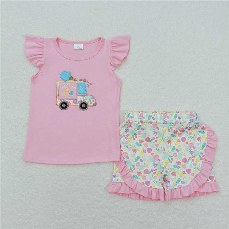 GSSO0644 RTS NO MOQ Baby Girls Summer Outfits Embroidered ice cream cart pink flying sleeves floral shorts set