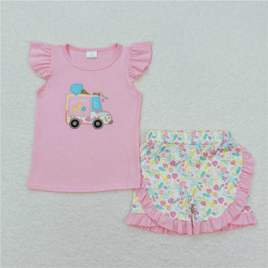 GSSO0644 RTS NO MOQ Baby Girls Summer Outfits Embroidered ice cream cart pink flying sleeves floral shorts set