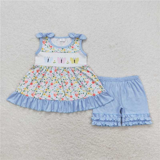 GSSO0732 Butterfly and flower floral sleeveless shorts set