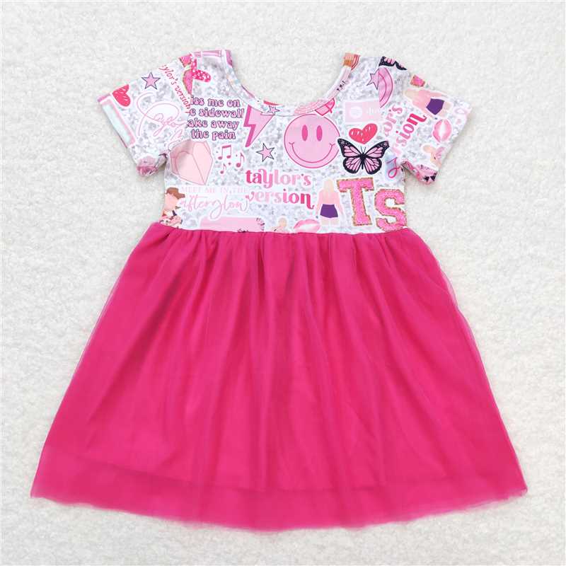 GSD0981 Taylor Swift rose red tulle short-sleeved dress