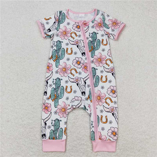 SR1109  Baby Infant Girls Cow Western Cactus Flowers Zip Rompers
