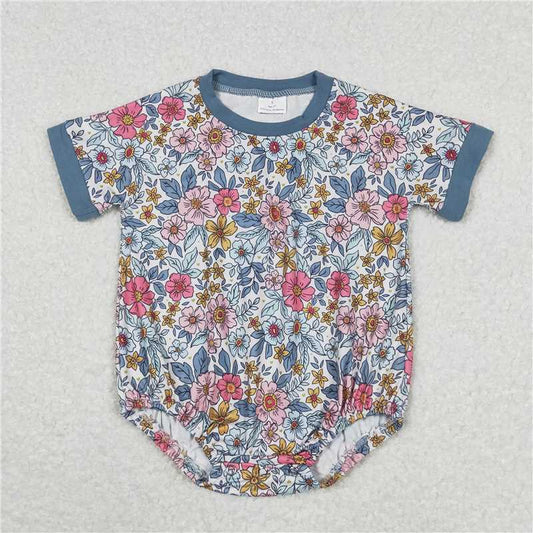 SR1500 RTS NO MOQ Baby Girls Summer Rompers  Baby Girls Green Flowers Pink Summer Rompers