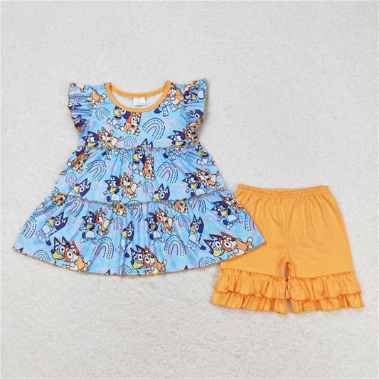 GSSO0632 bluey rainbow blue flying sleeves orange shorts set